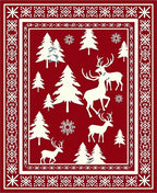 Crimson Winter Forest Reindeer Scene Rug