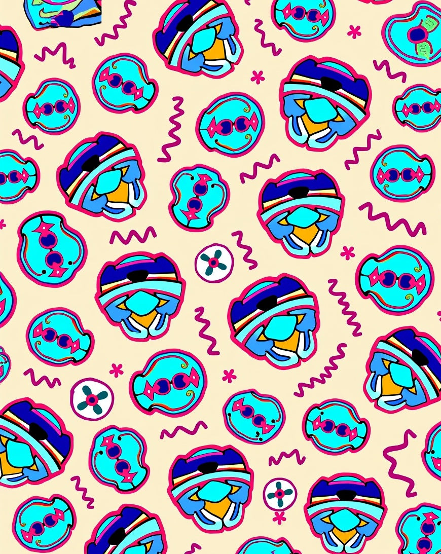 Abstract Blue Yellow Pink Figures Rug