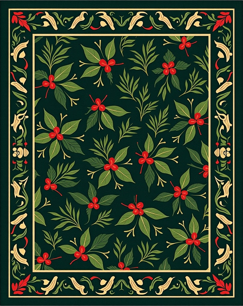Emerald Holly Berry Floral Border Rug