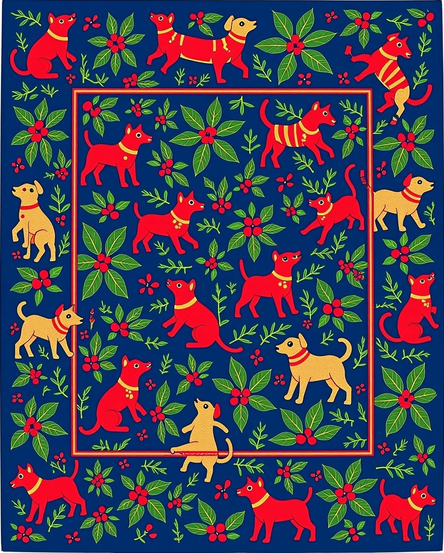 Red and Yellow Dog Floral Border Rug