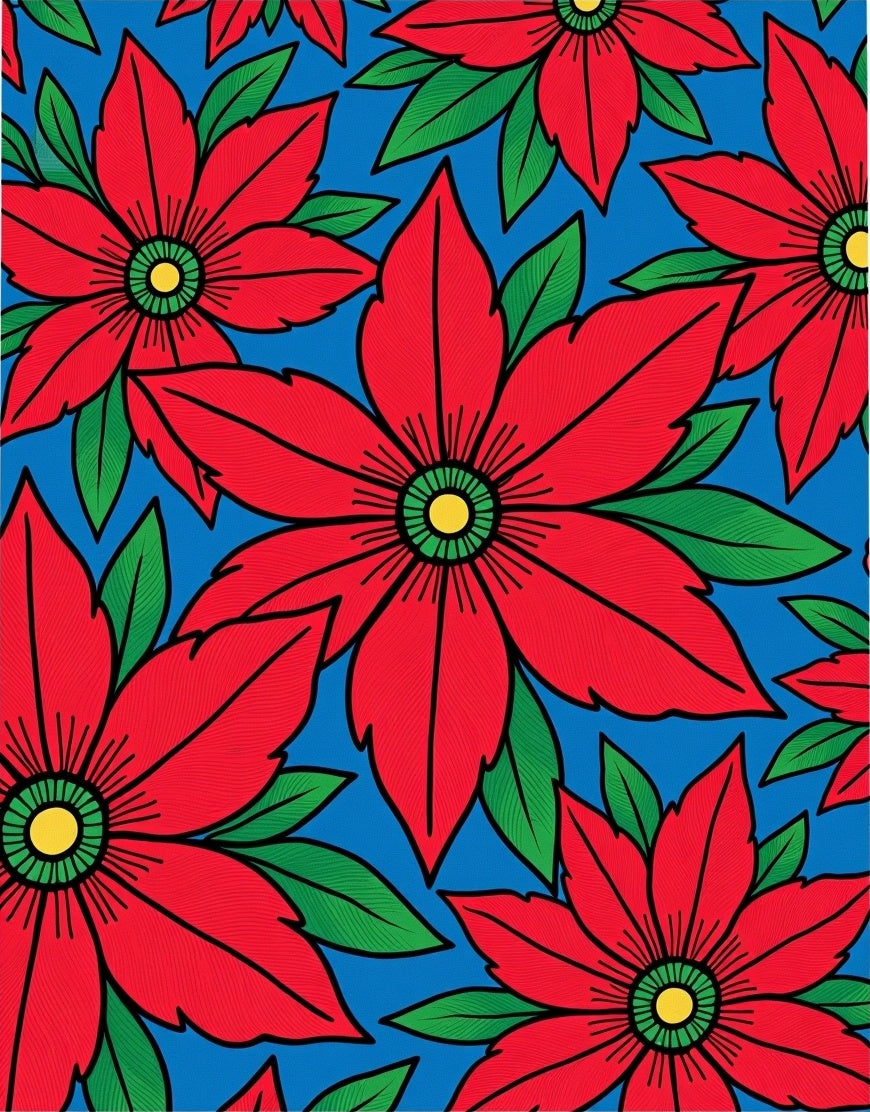 Bright Red Flower Garden Blue Rug