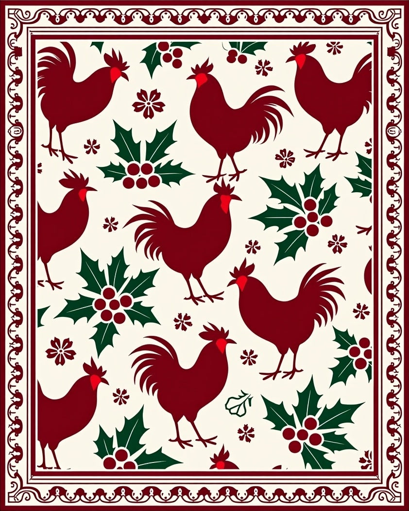 Dark Red Roosters Holly Border Rug