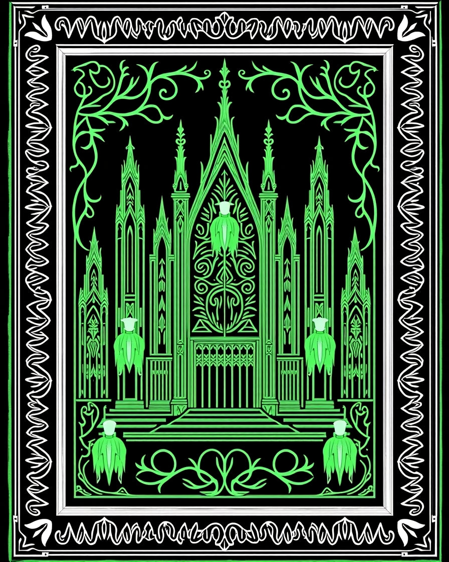 Gothic Green Castle Abstract Border Rug