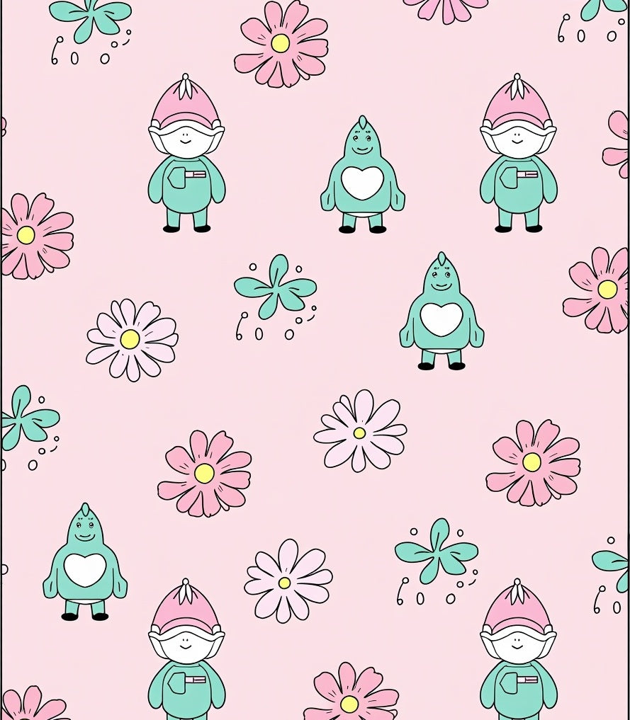 Pink Pastel Gnome Monster Floral Meadow Rug