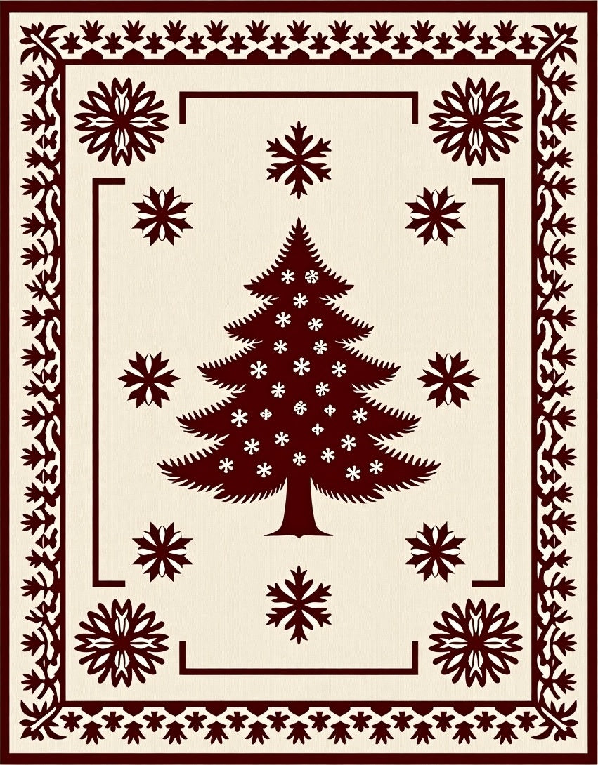 Crimson Christmas Tree Snowflake Border Rug