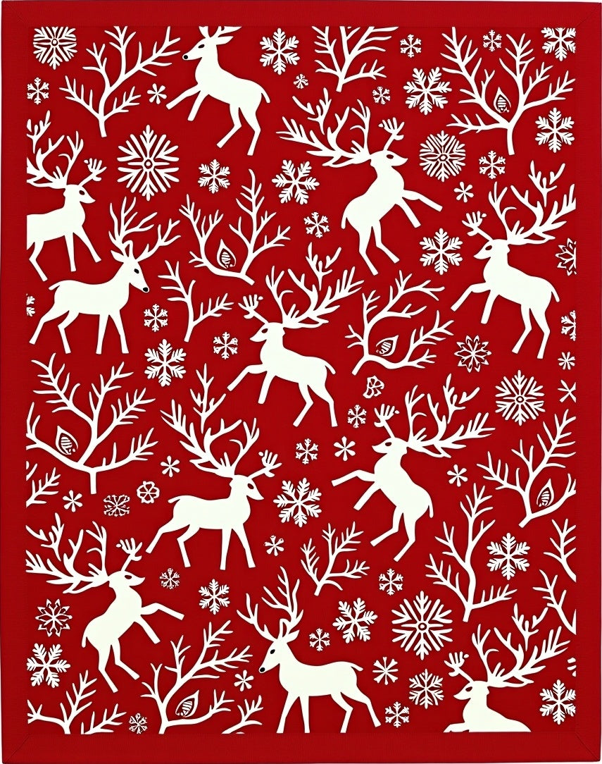 Red Winter Deer Snowflake Forest Rug