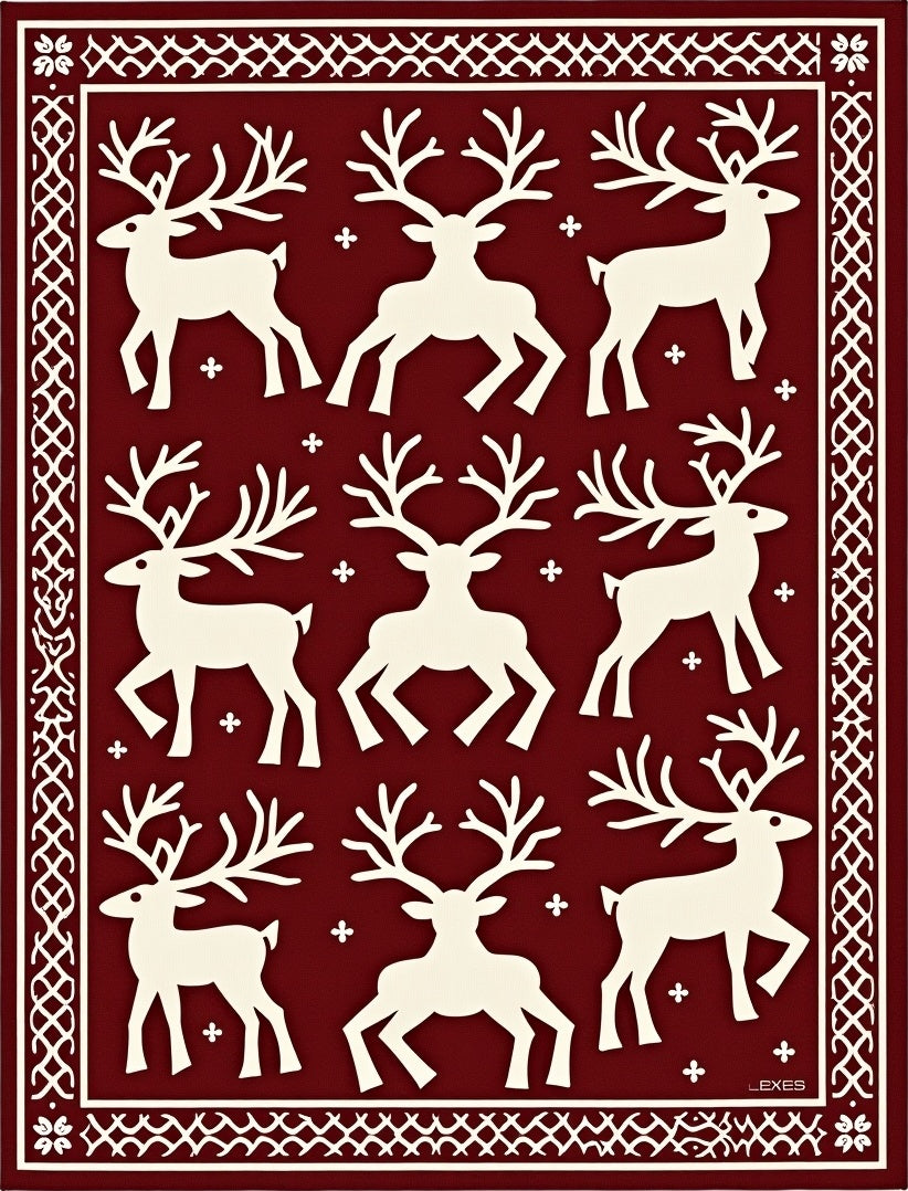 Burgundy Cream Reindeer Herd Jacquard Rug