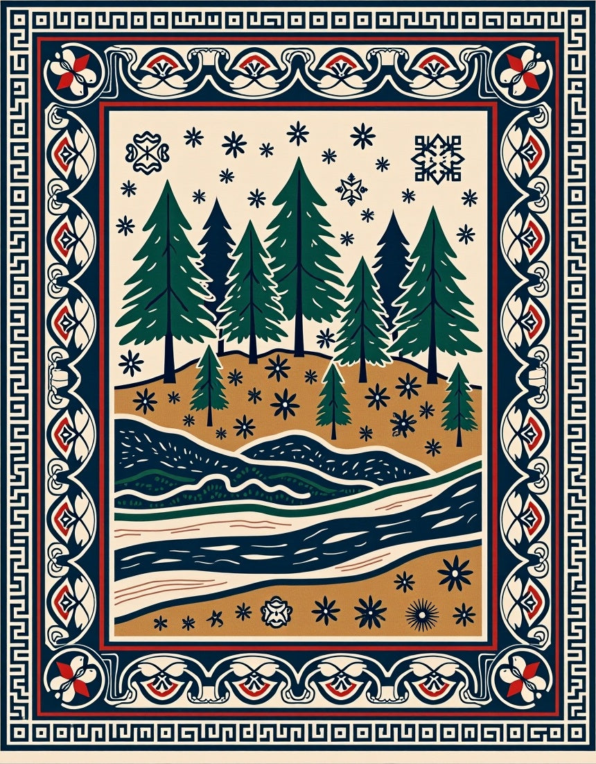 Winter Forest Stream Folk Art Rug