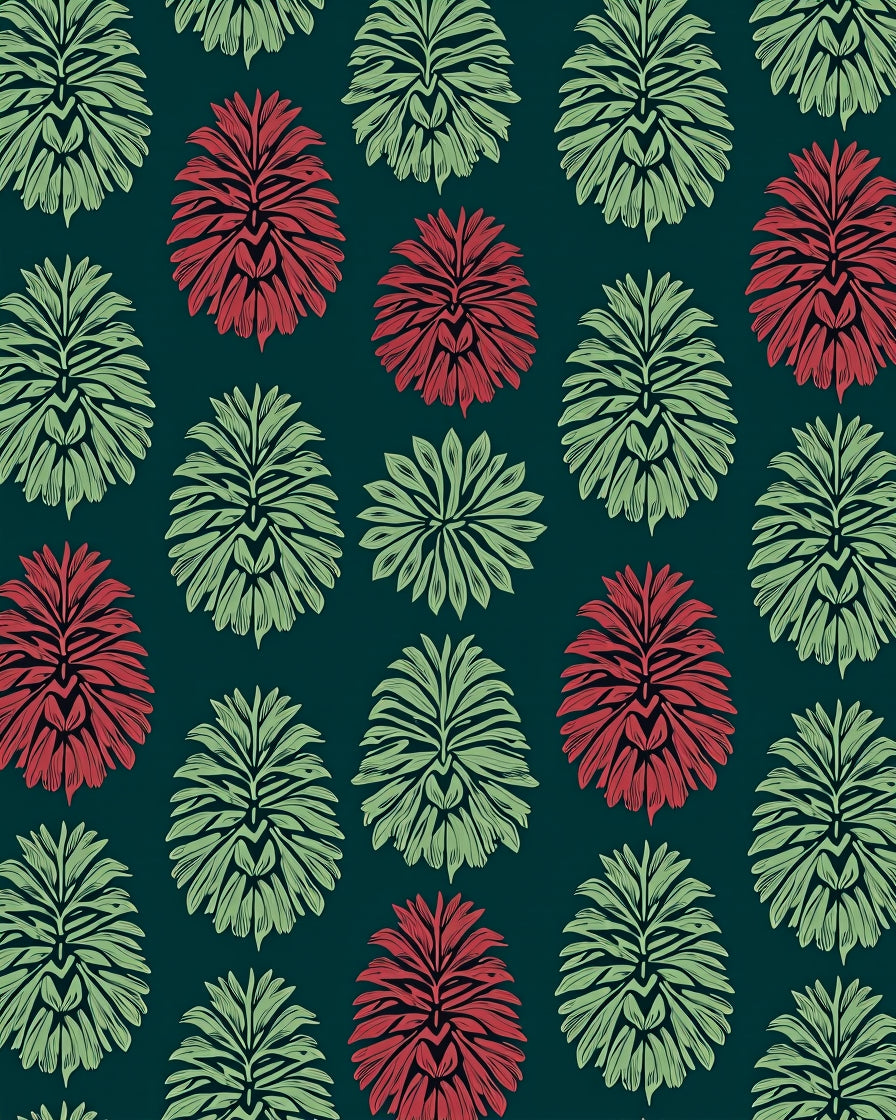 Deep Teal Red Green Leaf Emblem Rug