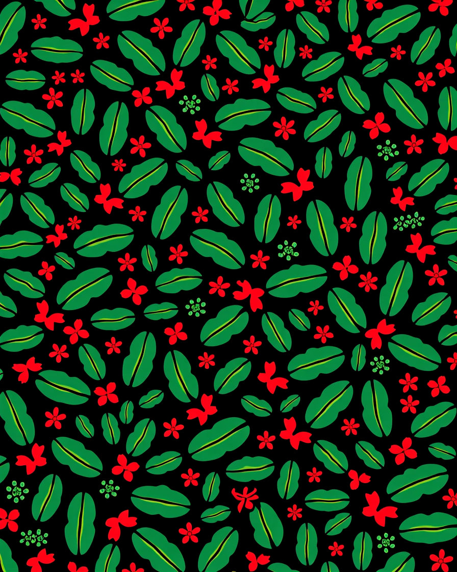Red Floral Green Leaf Background Rug