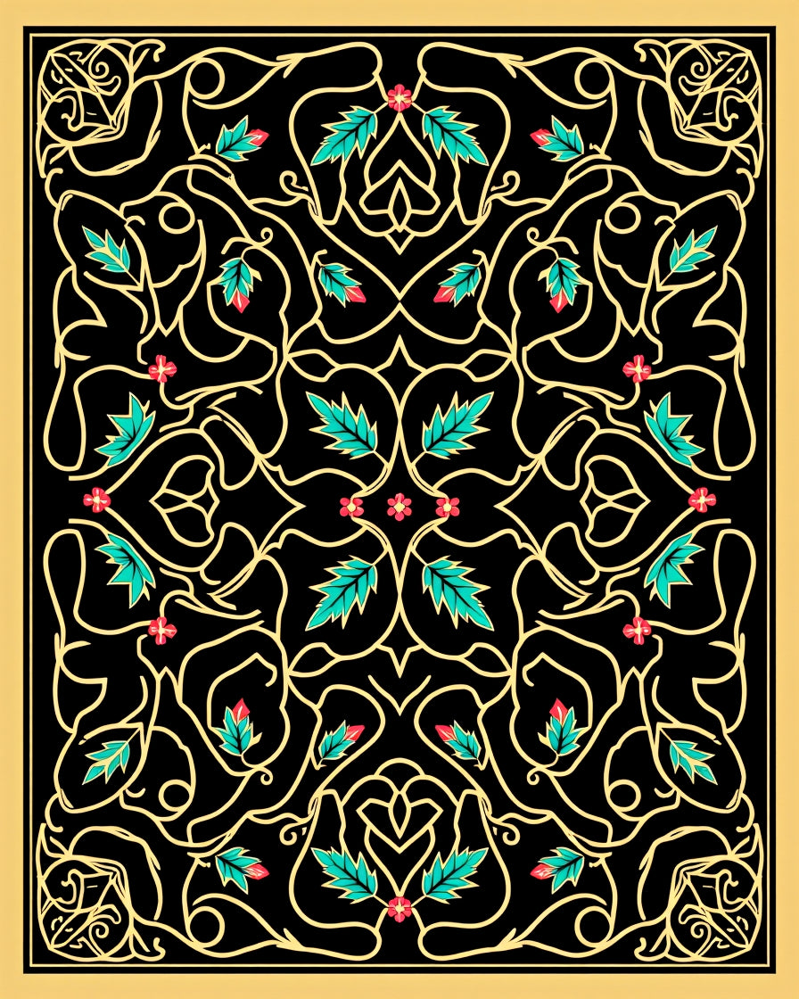 Golden Vine Teal Leaf Red Bloom Rug