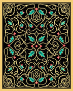 Golden Vine Teal Leaf Red Bloom Rug