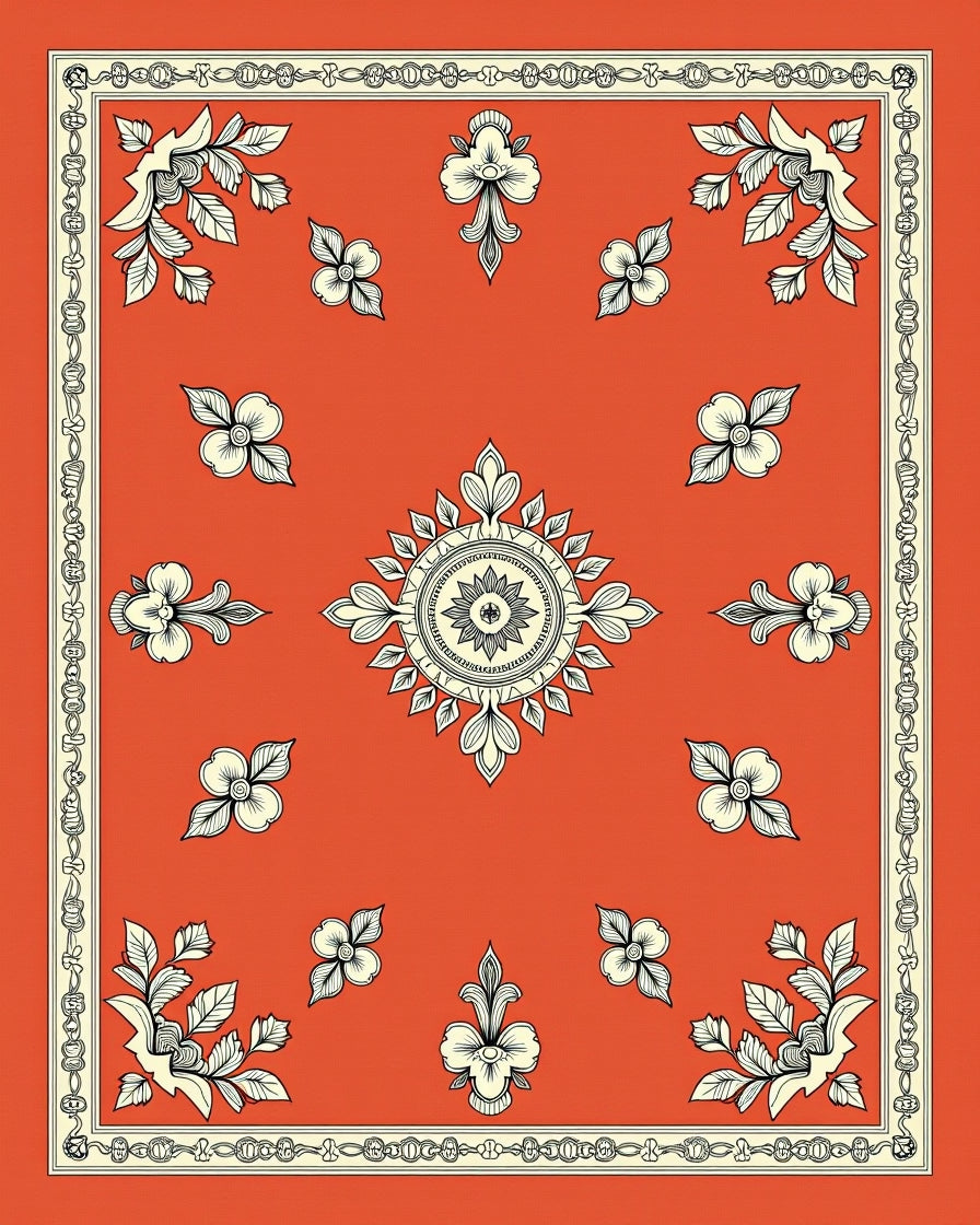 Vibrant Orange Floral Medallion Border Rug