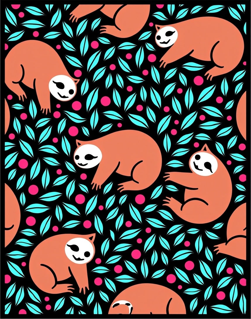 Whimsical Sloth Teal Leaf Pink Dot Rug