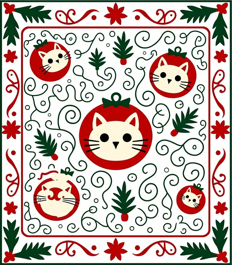 Festive Red Green Cat Christmas Ornament Rug