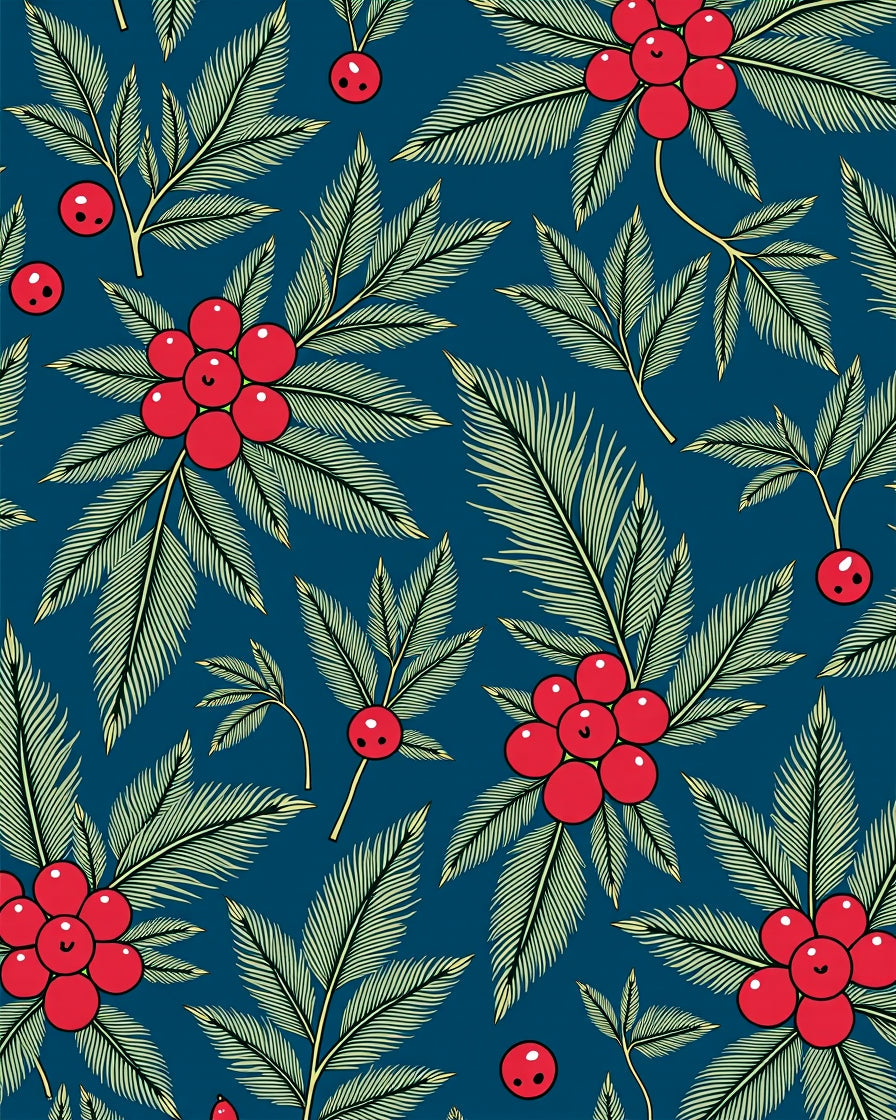 Crimson Holly Branches Navy Background Rug
