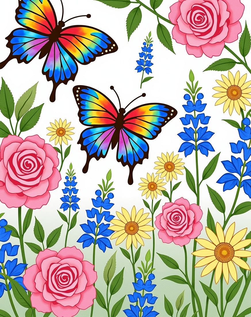 Colorful Butterflies Pink Yellow Blue Flowers Rug