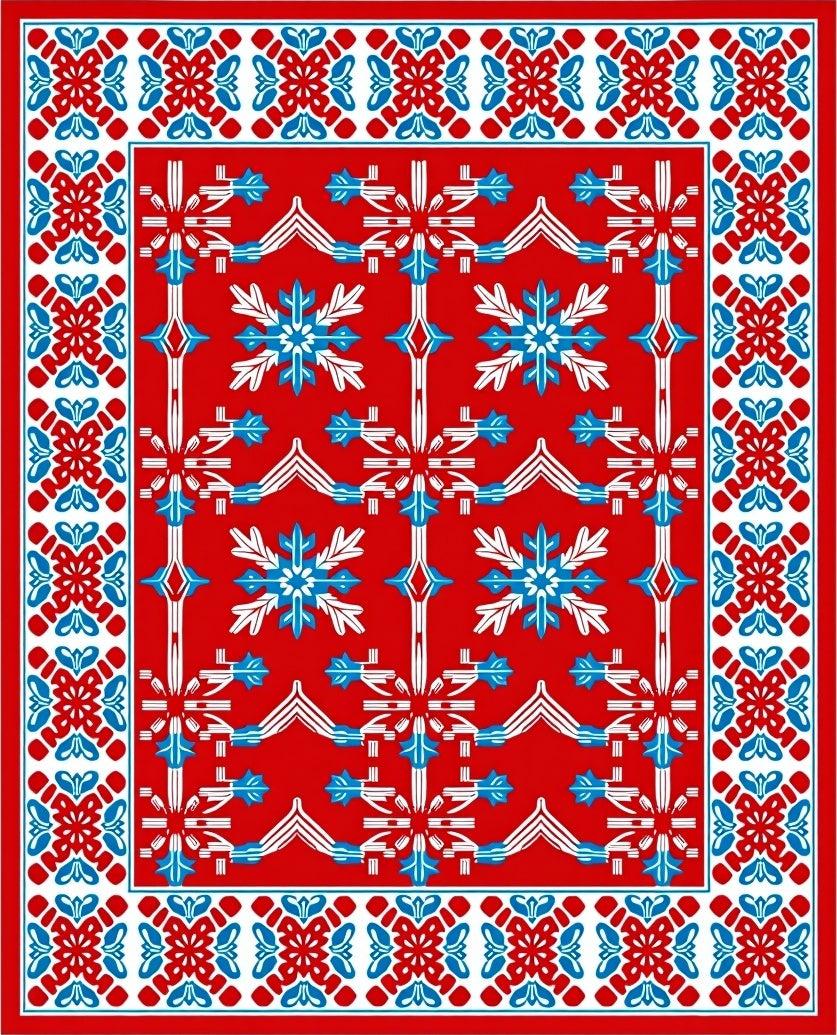 Bold Red Blue Snowflakes Geometric Rug
