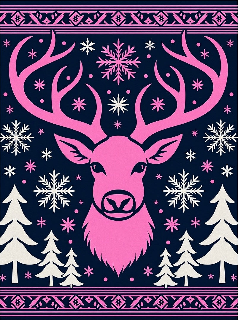 Pink Deer Snowflakes Forest Border Rug