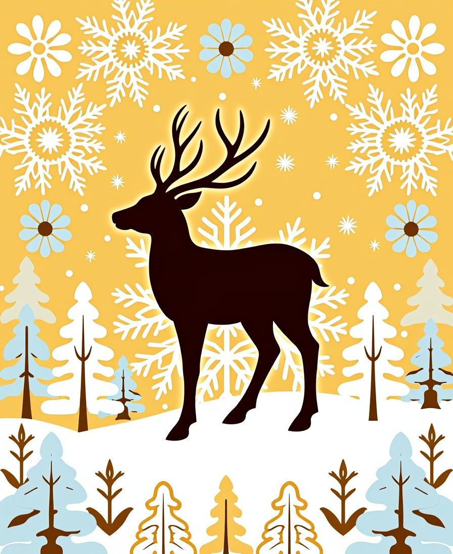 Golden Yellow Winter Deer Snowflake Scene Rug