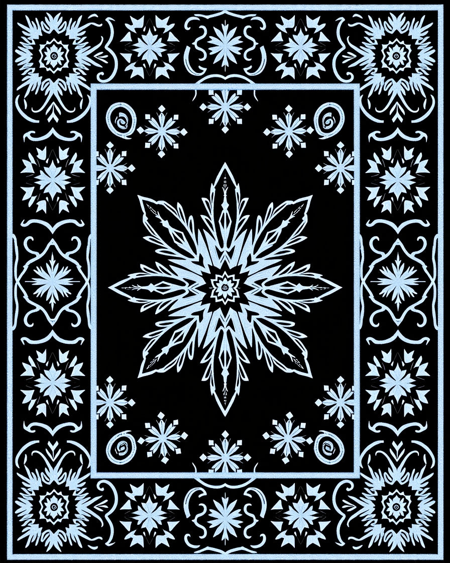Icy Blue Snowflake Mandala Border Rug