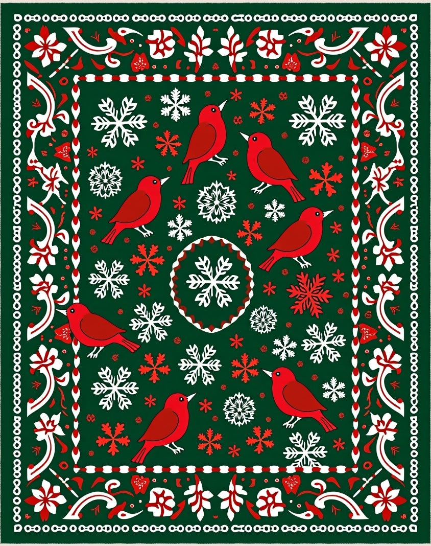 Red Cardinal Winter Snowflake Folk Art Rug