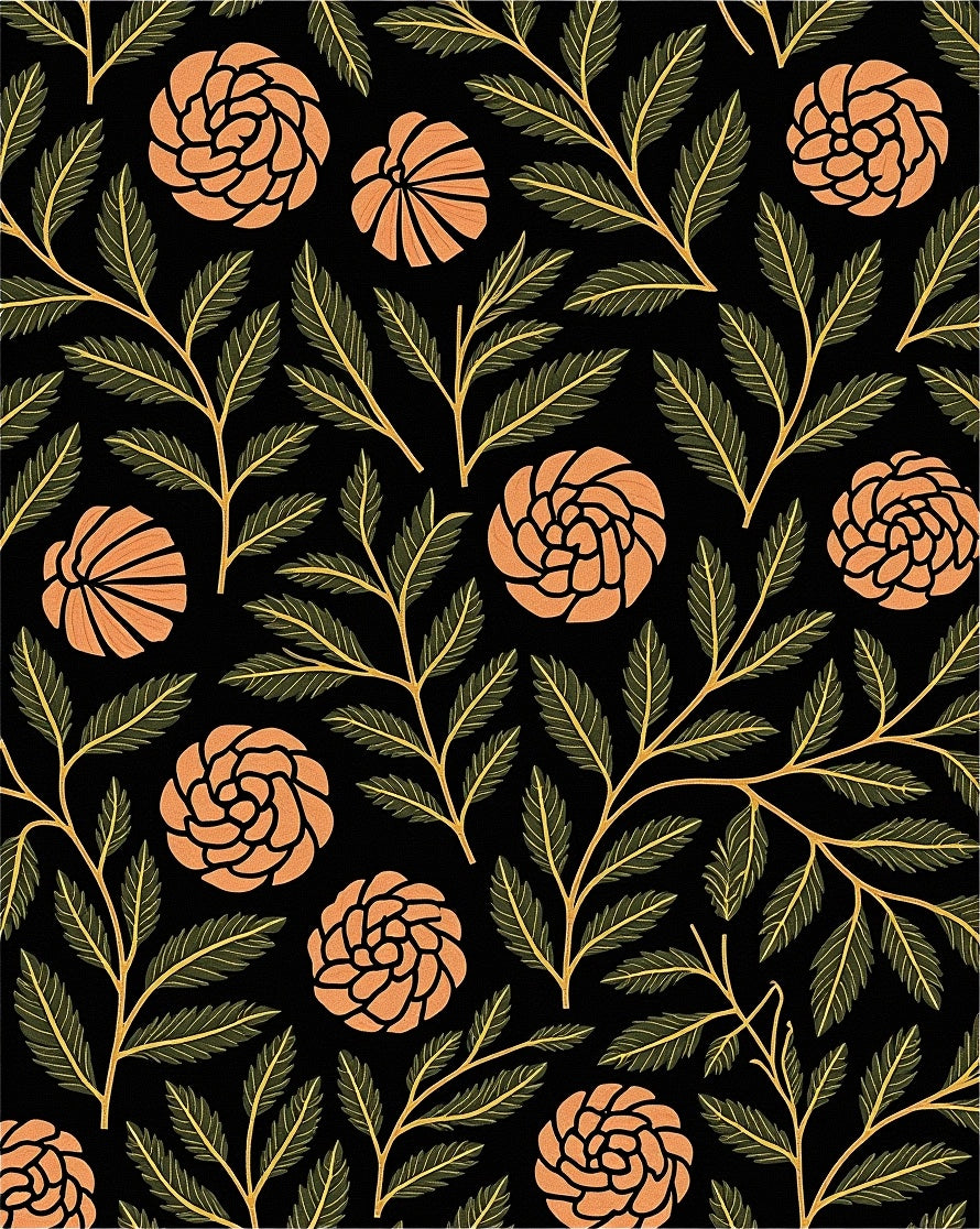 Terracotta Floral Foliage on Black Rug
