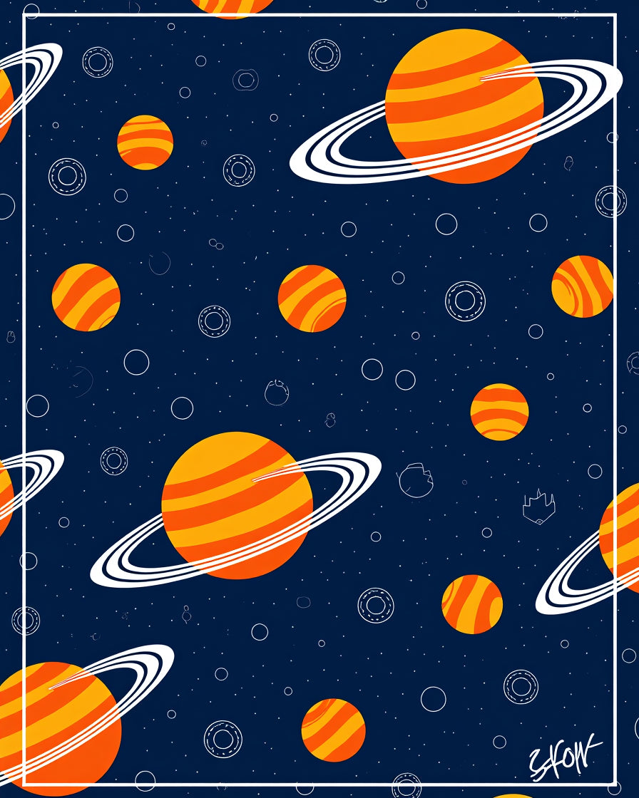 Orange Striped Ringed Planets Navy Rug
