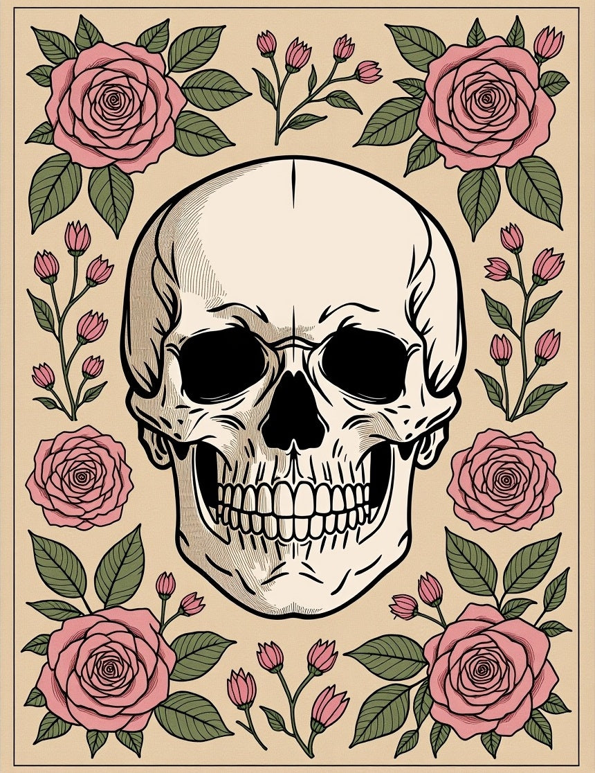 Pink Rose Skull Portrait Rug
