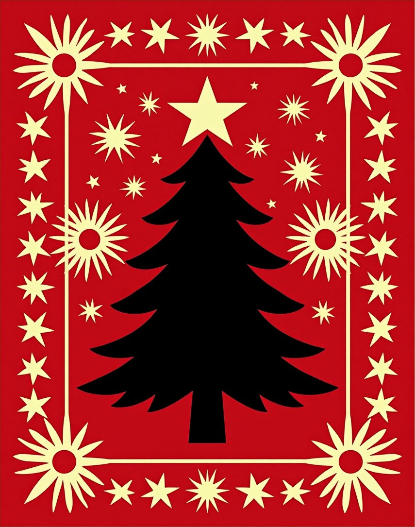 Crimson Festive Star Tree Rug