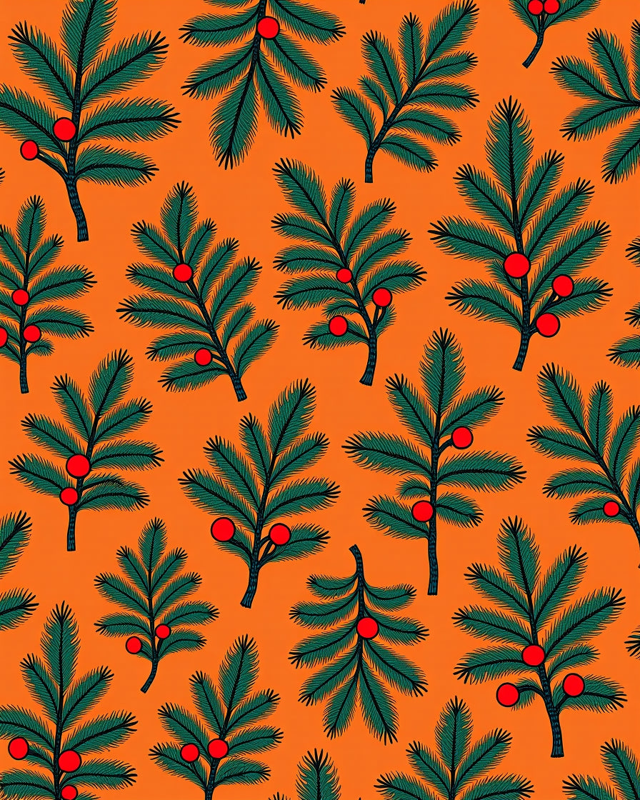 Green Pine Branch Red Berry Orange Rug