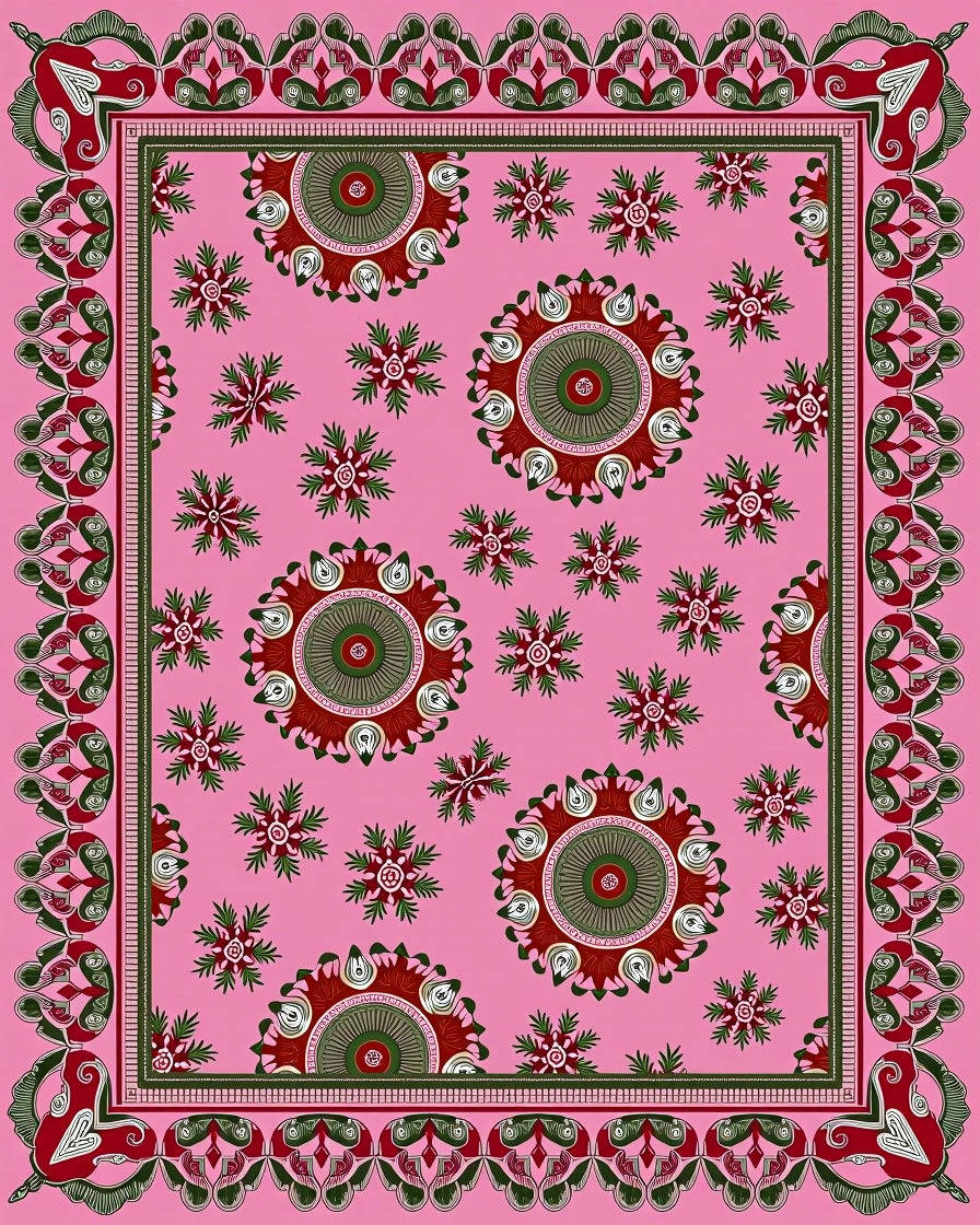 Ornate Red Green Rosette Field Rug