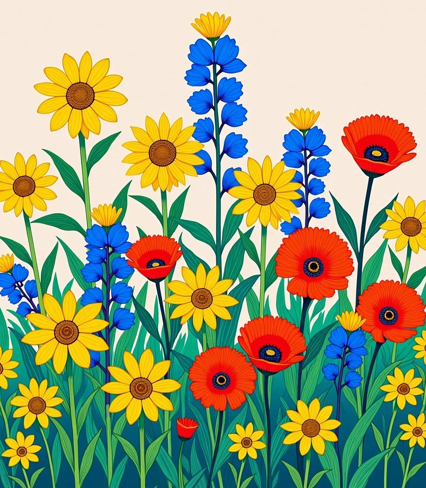 Vibrant Red Yellow Blue Wildflower Garden Rug