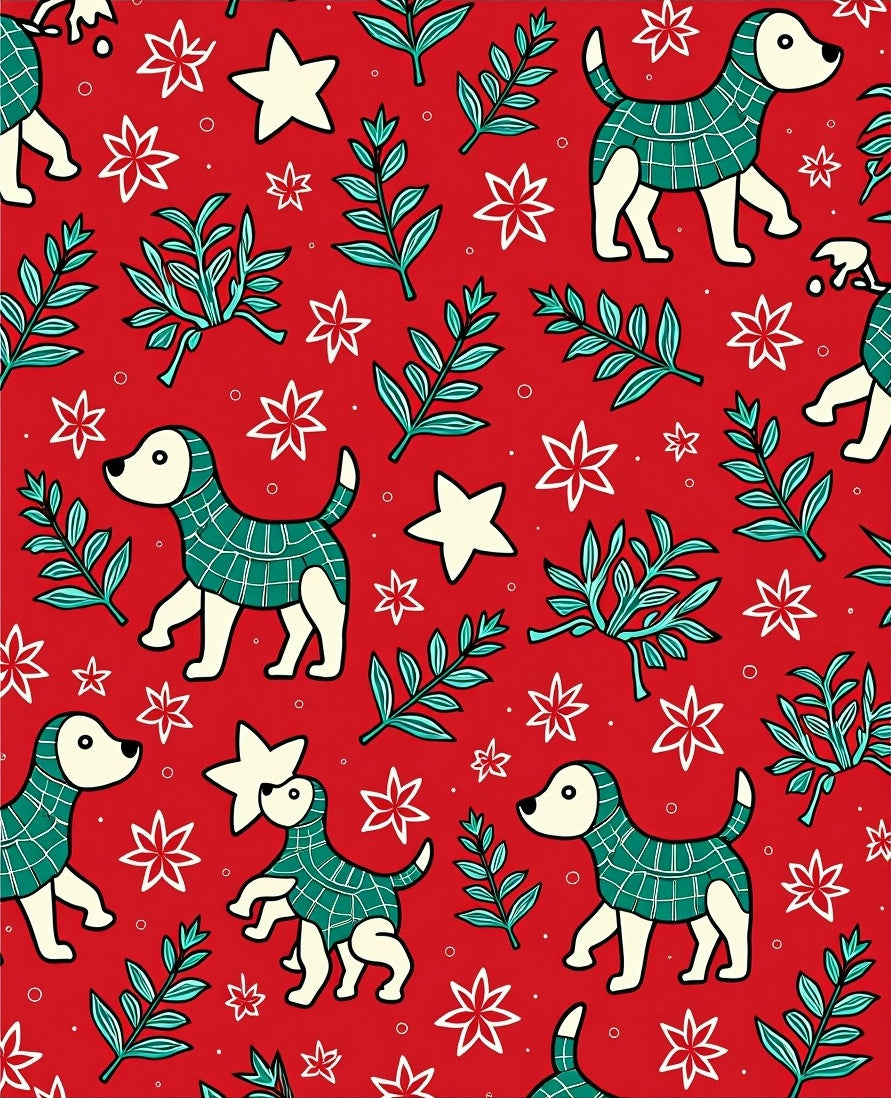 Red Whimsical Dog Star Branch Rug