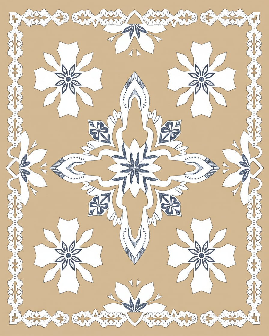 Tan Blue White Floral Medallion Tapestry Rug