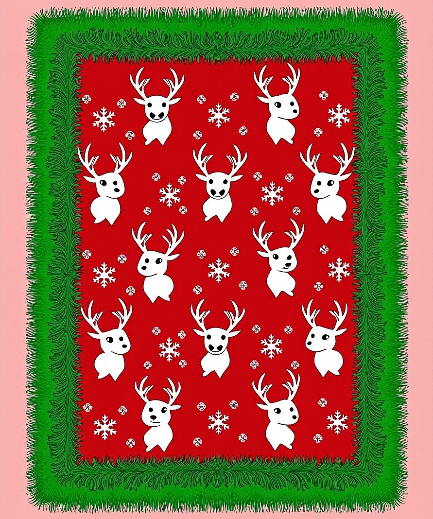 Holiday Reindeer Snowflakes Red Green Trim Rug