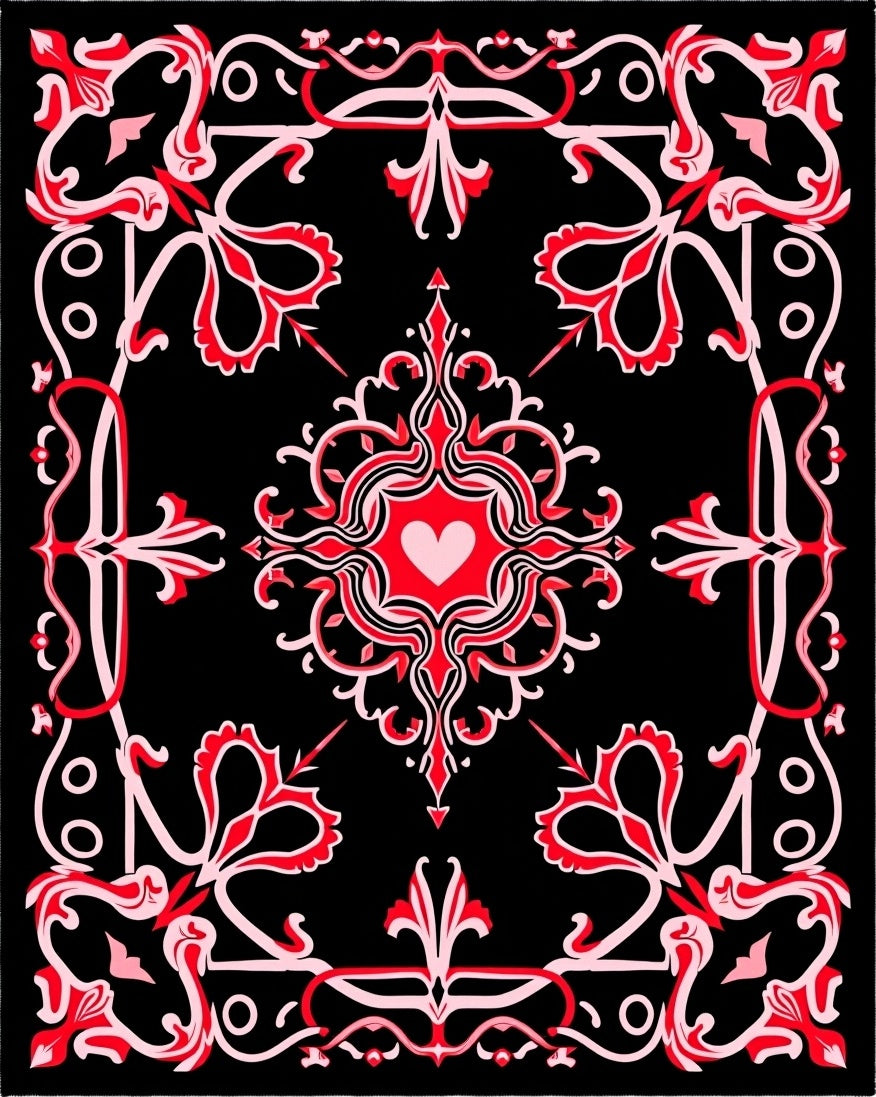 Black Red Heart Victorian Ornament Rug