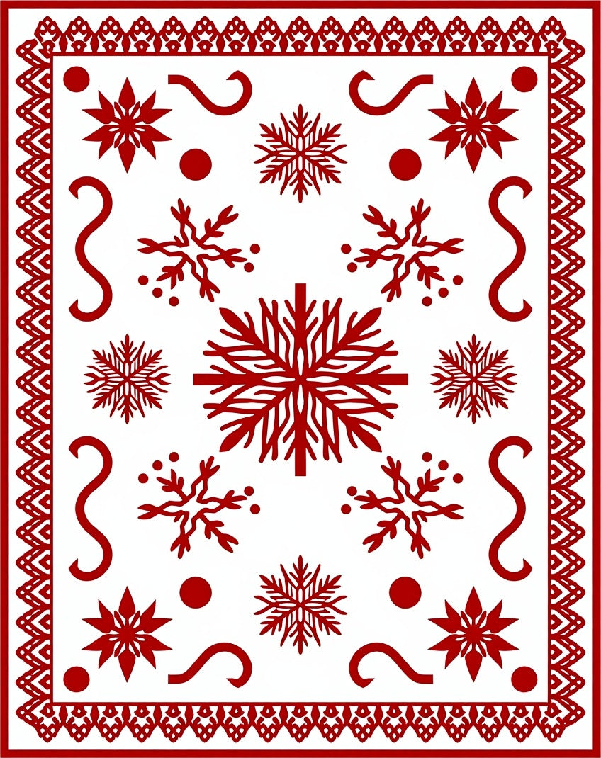 Red Snowflake Bordered Abstract Snowflakes Rug