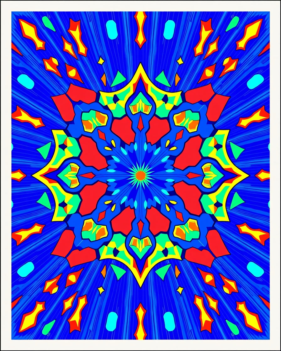 Vibrant Blue Central Geometric Burst Rug