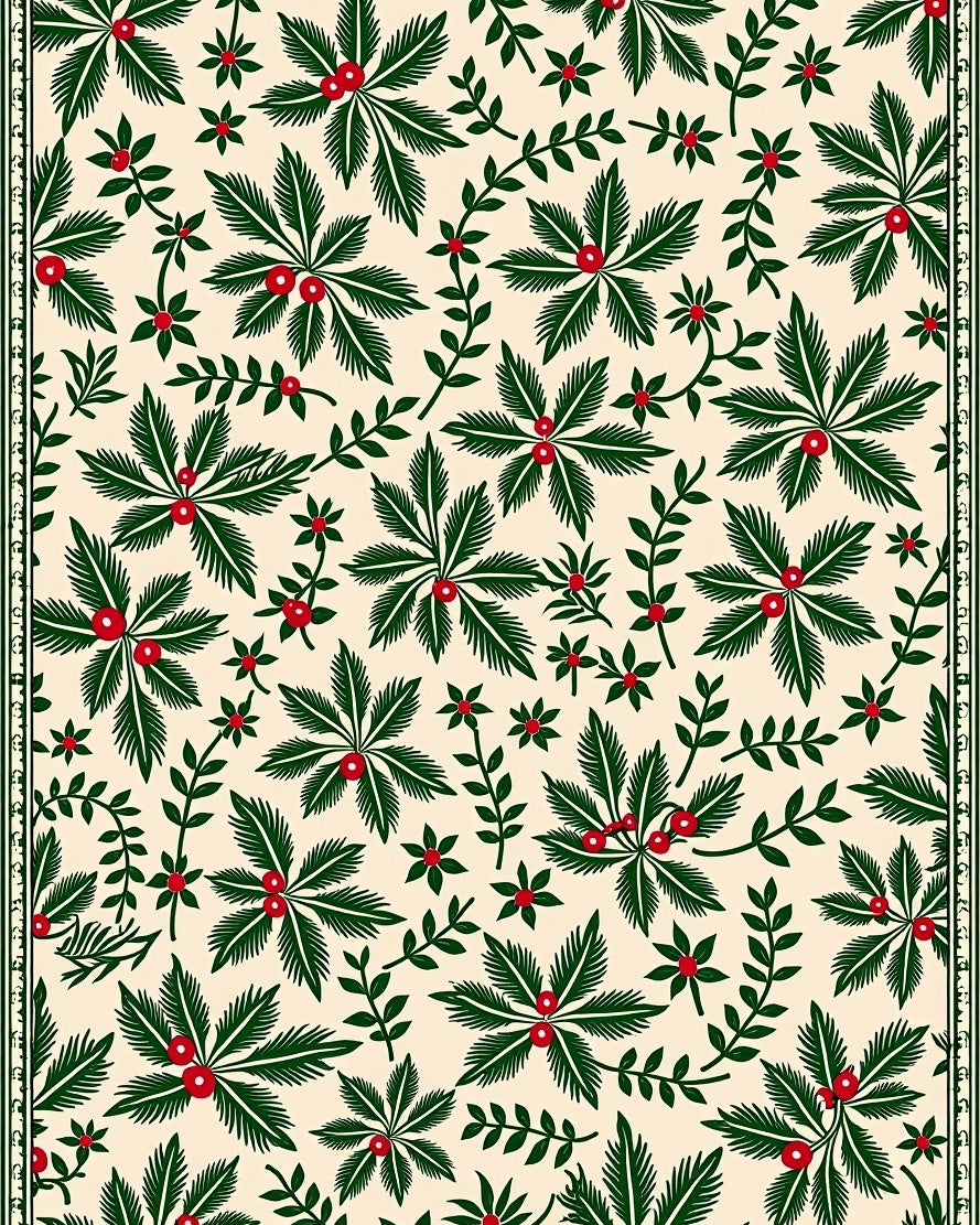 Cream Green Berry Leaf Garland Rug