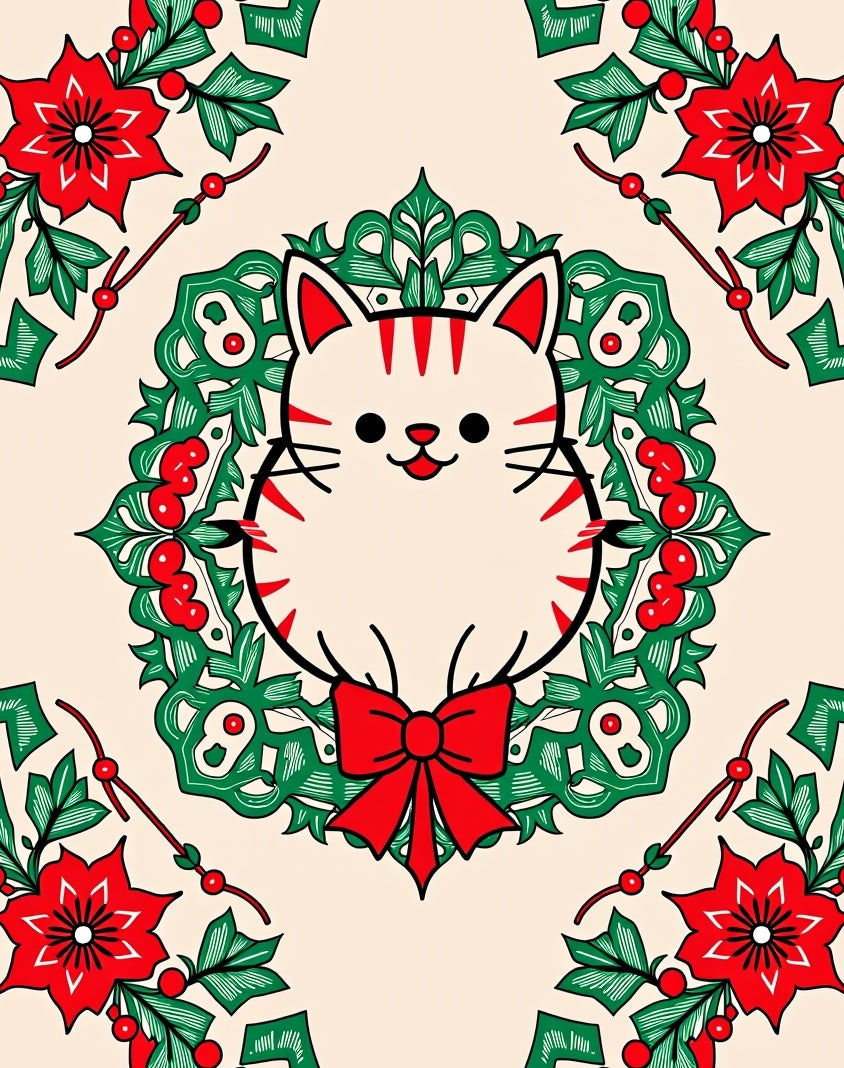 Festive Cat Wreath Red Green Accents Rug