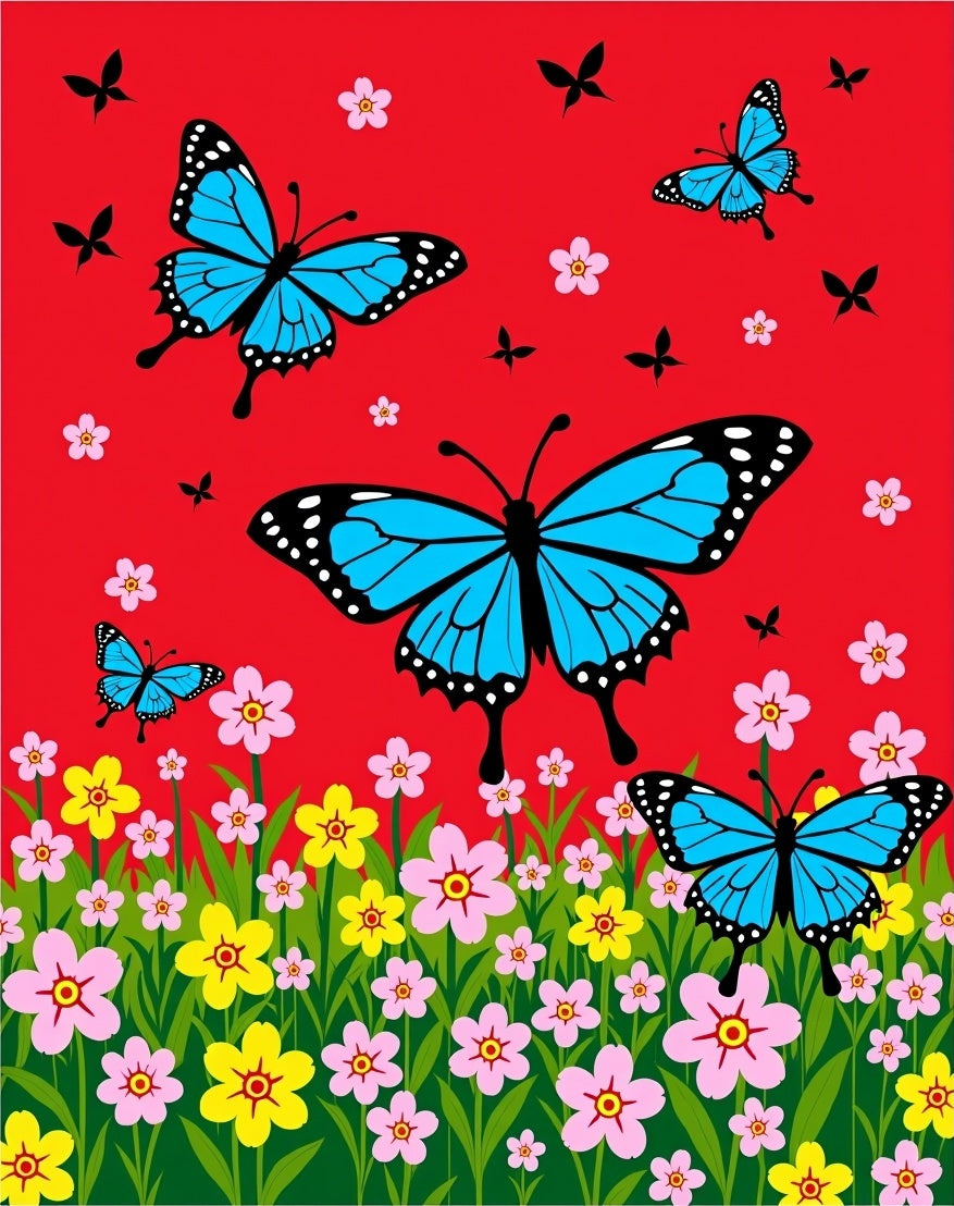 Vibrant Blue Butterfly Garden Meadow Rug