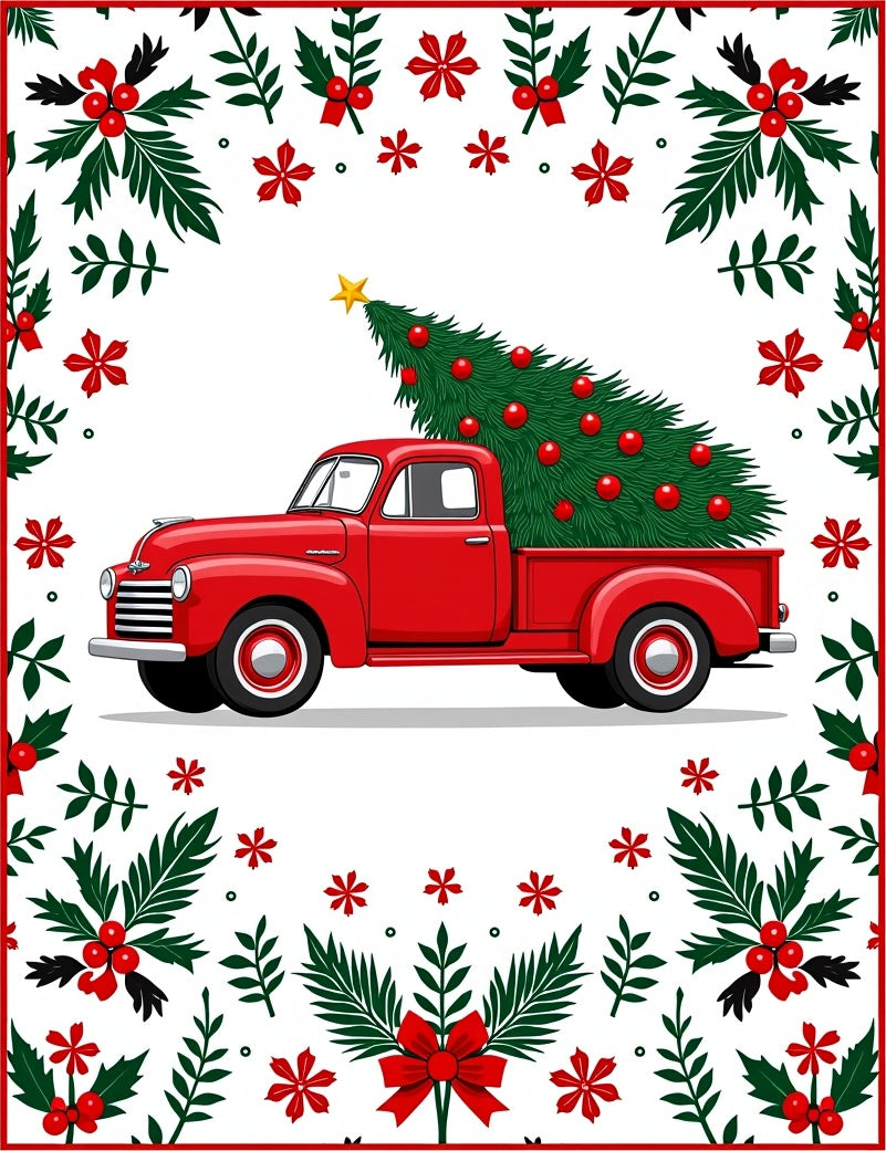 Vintage Red Truck Christmas Tree Border Rug