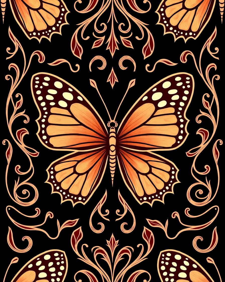 Vibrant Orange Butterfly Damask Rug
