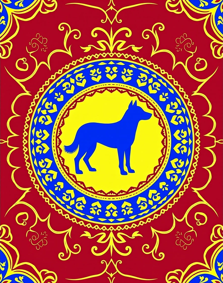 Crimson Blue Yellow Dog Medallion Rug