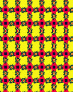 Bold Yellow Red Floral Grid Rug