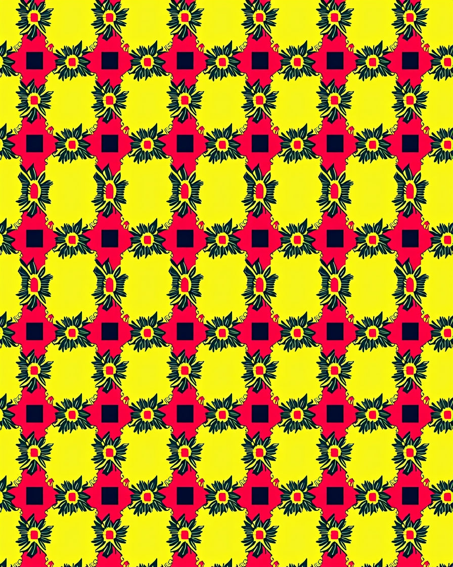Bold Yellow Red Floral Grid Rug
