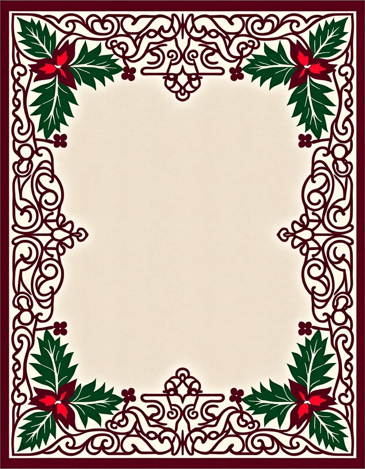 Crimson Poinsettia Scroll Border Rug