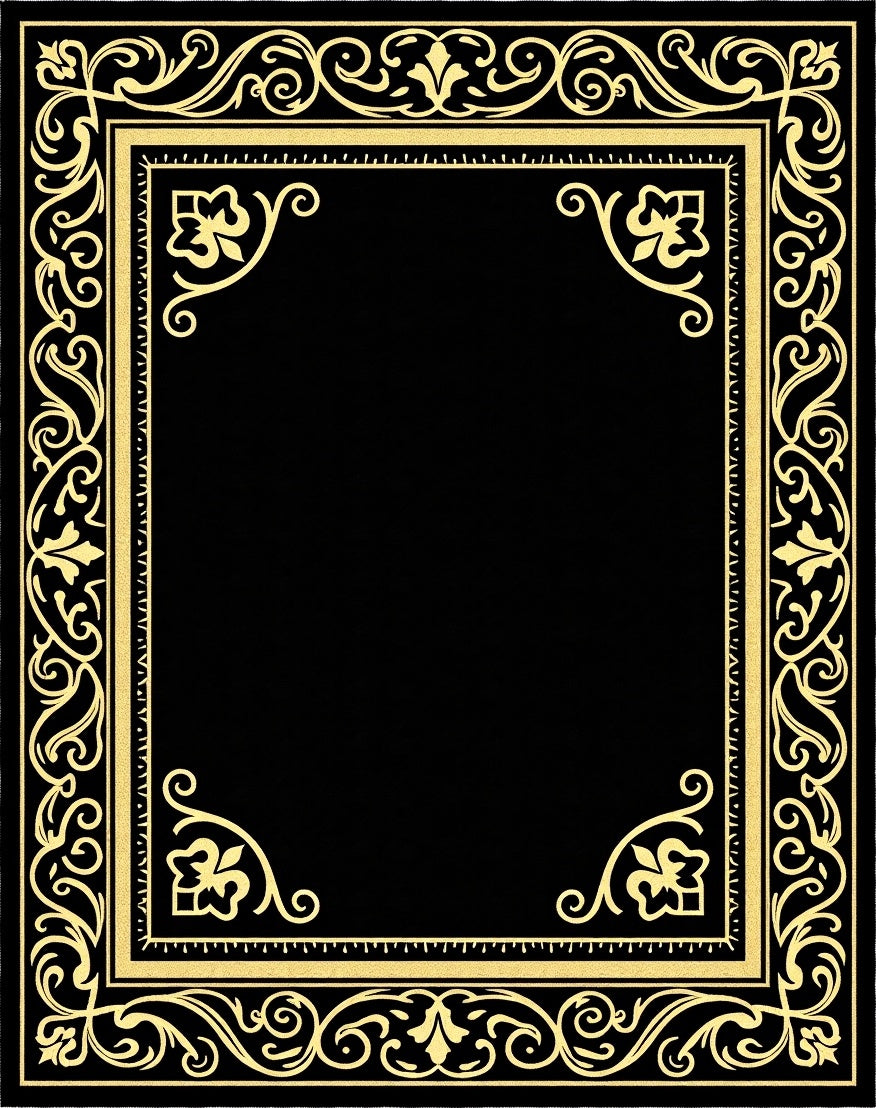 Ornate Gold Black Scrollwork Border Rug