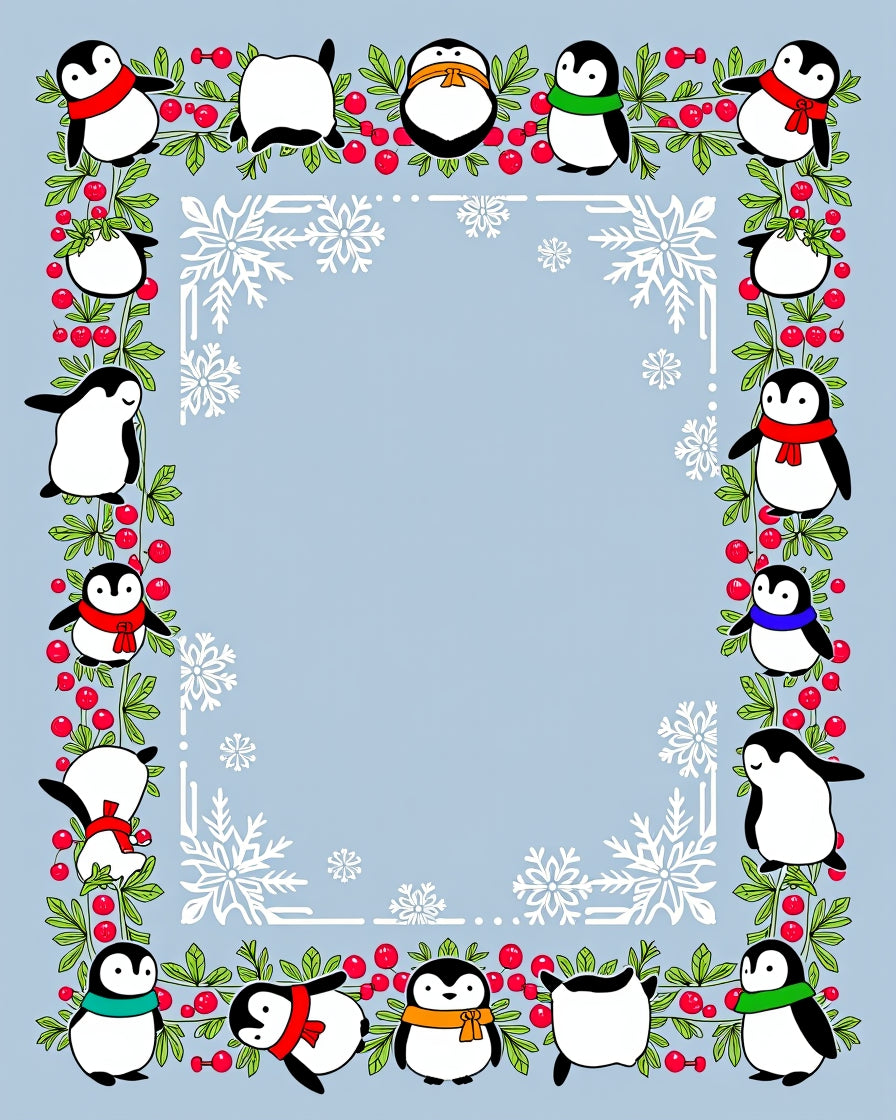 Cute Penguin Red Berry Border Snowflakes Rug
